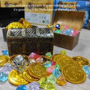 HOPELJ Kids Mini Pirate Treasure Chest Toy Kit - Plastic Small Pirate Chest Box with 12 Skull Gold Coins, 24 Gems, 1 Ring for Boys Girls Halloween Party Favor Pirate Costume Prop