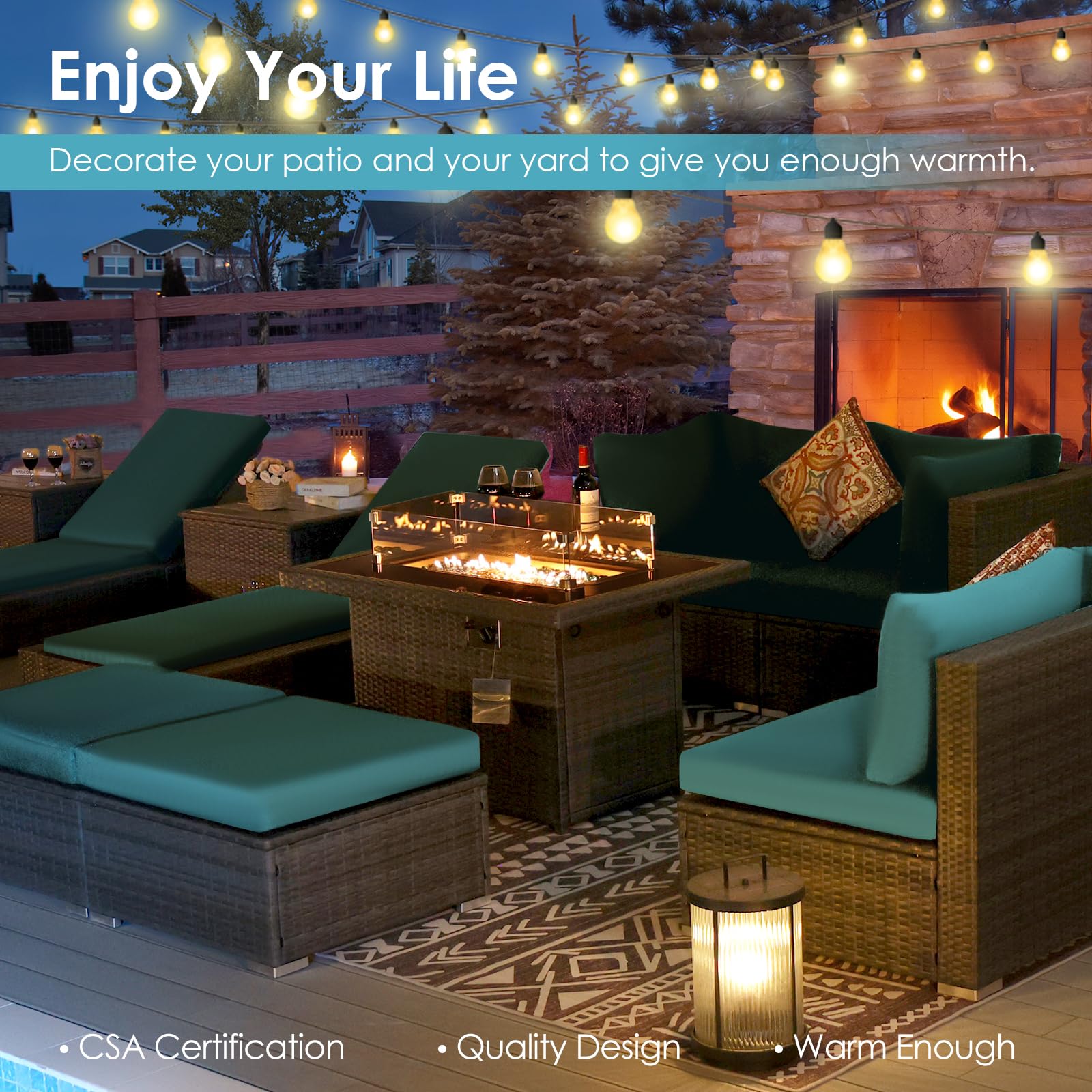 RADIATA PE Wicker Patio Furniture Set Sectional High Back Large Size Sofa Sets with Propane Fire Pit Table 55000 BTU Balcony Rattan Lounge Conversation Sets for Outdoor (11 Pieces,Sky Blue)