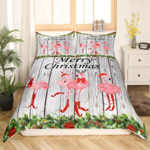 Feelyou Merry Christmas Comforter Cover Twin Size, Pink Flamingo Bedding Set for Kids Toddler Christmas Bells Duvet Cover Holiday Christmas Bedspread Cover Kids Room Decor Quilt Cover (No Comforter)