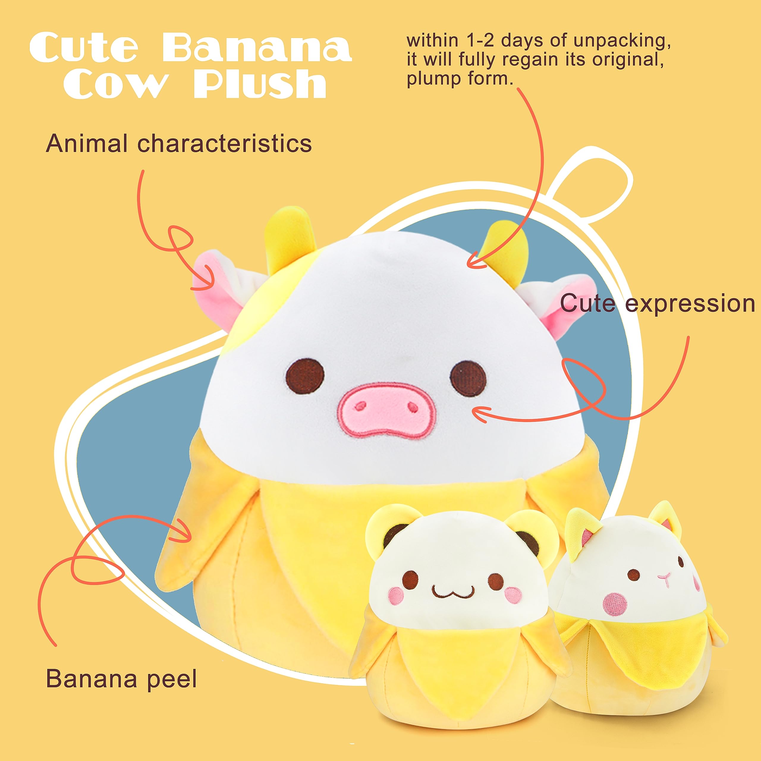 LXSLFY 11inch Cute Banana Cow Plush, Cow Stuffed Animals Kawaii Cow Pillow Gifts for Kids Girls Boys Birthday Christmas Home Decora (Banana Cow)