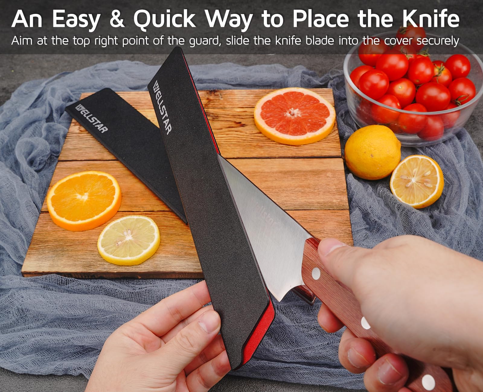 WELLSTAR Knife Edge Guards Set, 2 Piece Universal Blade Covers, BPA Free ABS Protective Blade Sheaths, Non-Scratch Felt Lining Kitchen Knives Covers (Knives not included)