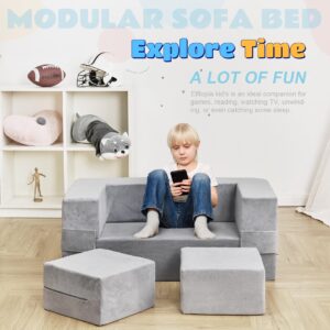 Elftopia Modular Kids Sofa,Toddler Couch Foam Armchair for Kids, Children Convertible Plush Sofa Play Set,Fold Out Sofa Bed(Grey)