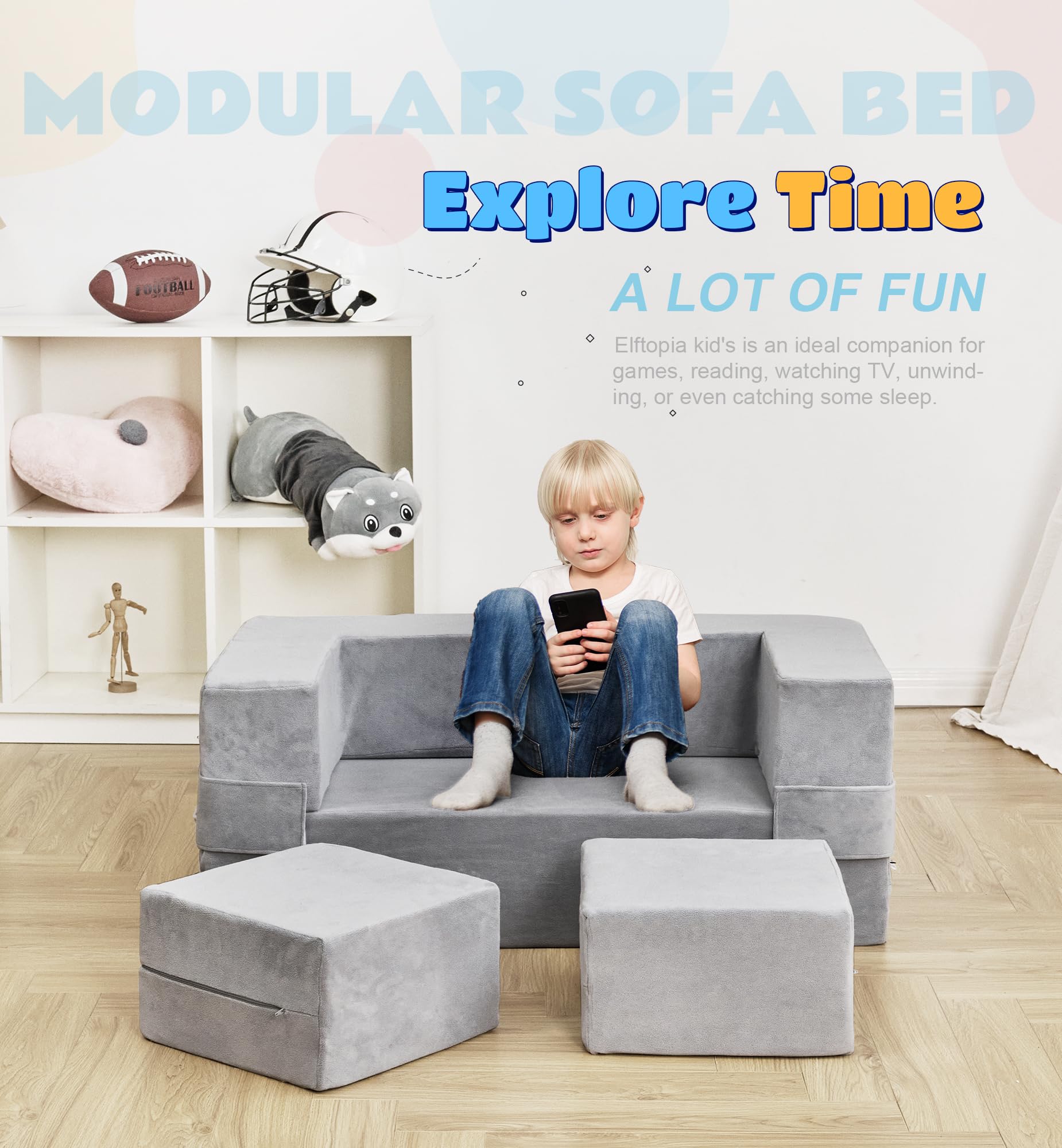 Elftopia Modular Kids Sofa,Toddler Couch Foam Armchair for Kids, Children Convertible Plush Sofa Play Set,Fold Out Sofa Bed(Grey)