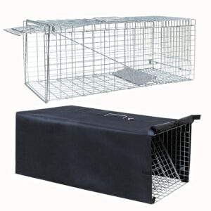 live feral cat trap cage with cover, heavy duty folding animal traps cage for stray cats, humane cat trap for raccoon, squirrel, skunk, catch and release - (32 x 10 x 12 inches, trap cage with cover)