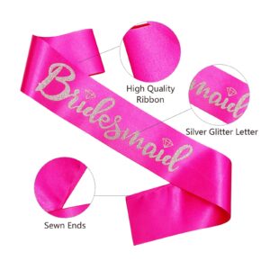 Bridesmaid Sashes Set of 6, Hot Pink Sash with Silver Glitter Letter Bachelorette Party Sash for Bridal Shower Wedding Party Accessories Supplies Engagement Gifts