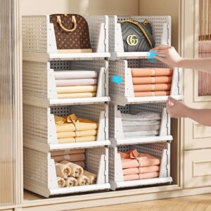 closet organizers and storage, 5 pack closet clothes baskets organizer for closet shelf, open front stackable storage bins, folding towel closet organizers, stackable shelves for pantry, wardrobe