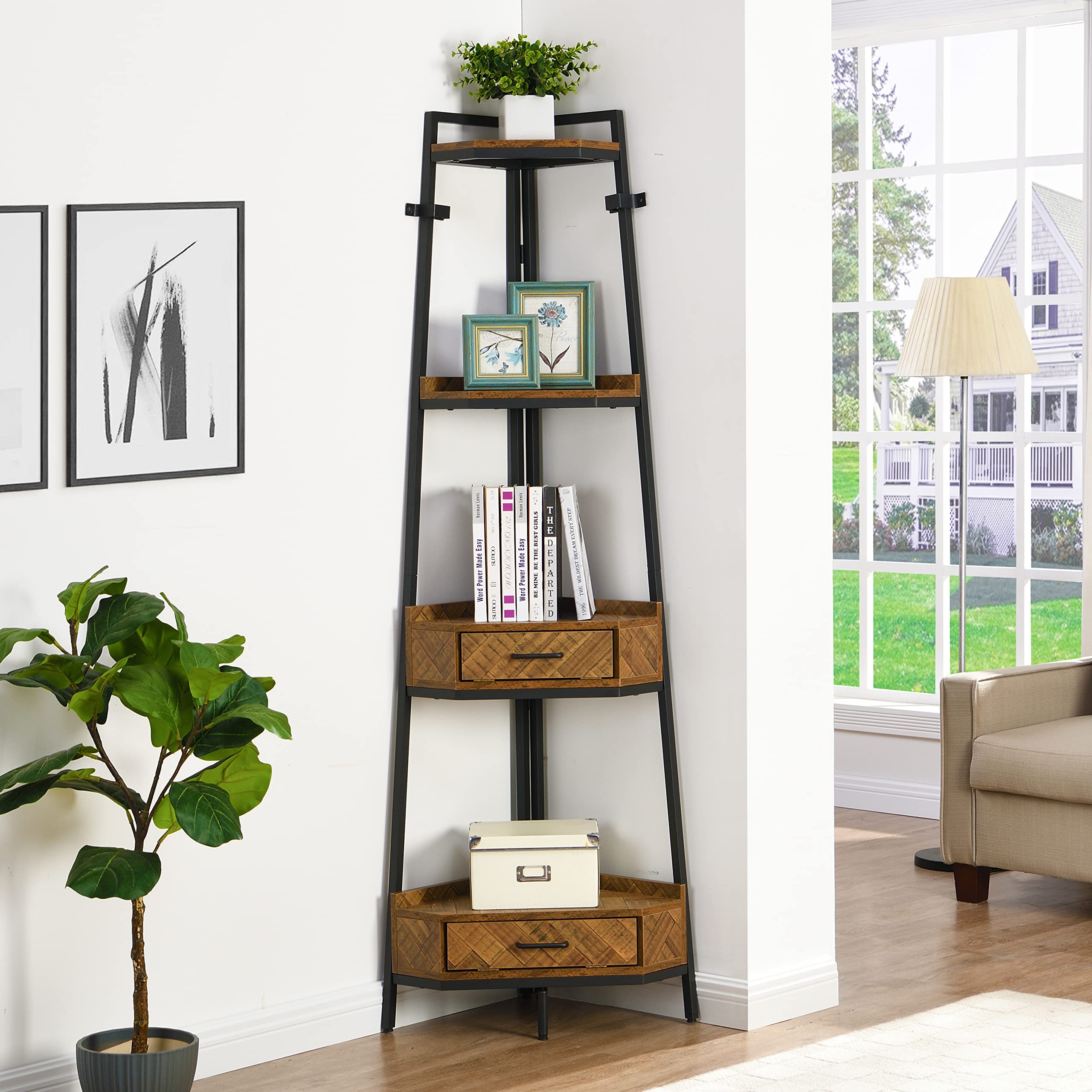 LifeSky Industrial Corner Ladder Shelf - 72.64 Inch Tall Corner Shelves with Drawers - 4-Tier Corner Bookshelf for Living Room Black