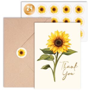 central 23 thank you cards pack - sunflower - foiled yellow gold - set of 24 multipack - elegant flowers - small thank you notes with envelopes - blank inside - classic designs for women