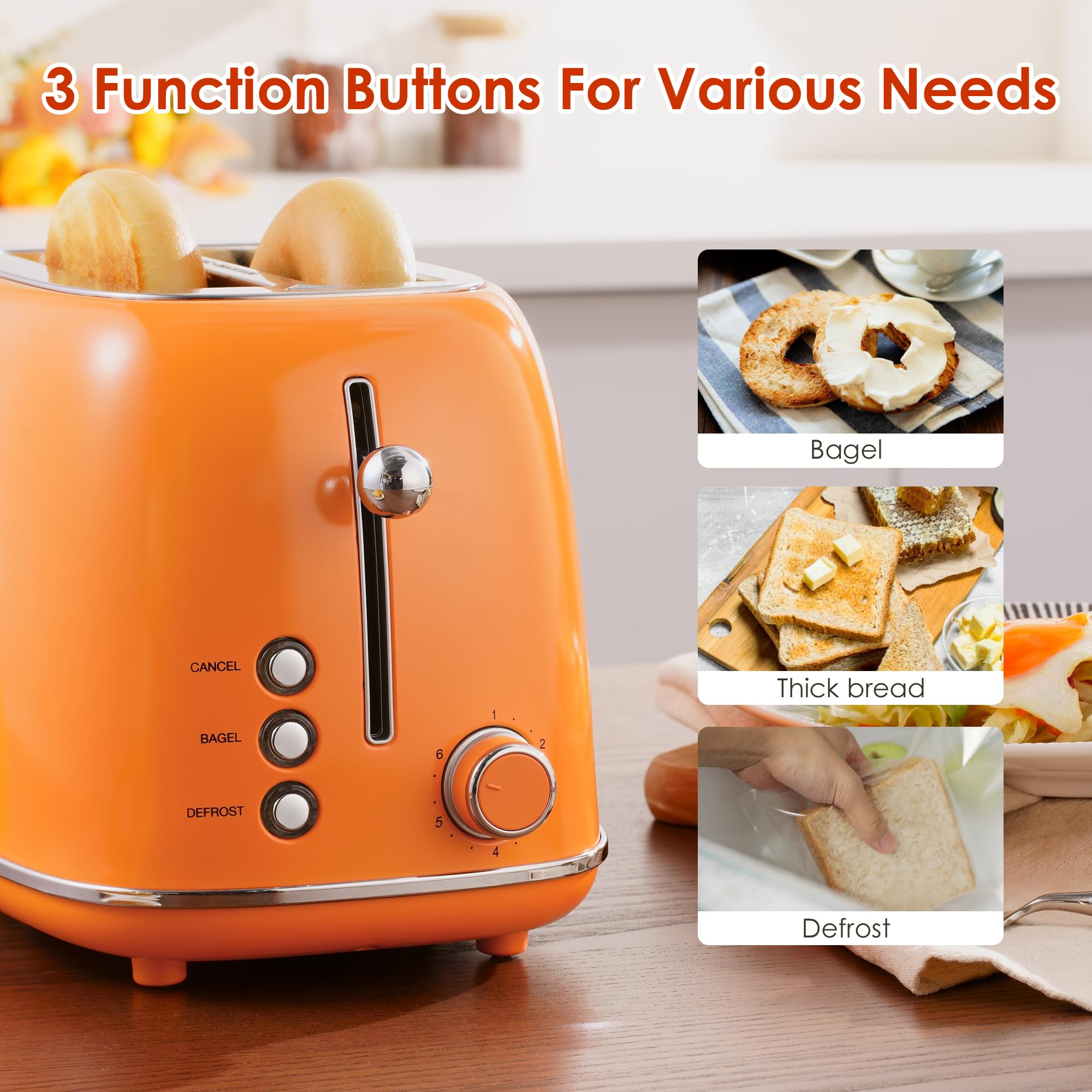 2 Slice Toaster Roter Mond Retro Stainless Steel Toaster with Bagel, Cancel, Defrost Function and 6 Bread Shade Settings Bread Toaster, Extra Wide Slot and Removable Crumb Tray, Orange