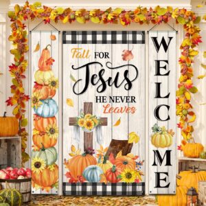 3 pcs thanksgiving porch sign banner fall for jesus he never leaves hanging door sign thanksgiving pumpkin maple leaf harvest welcome banner for home porch front door decor