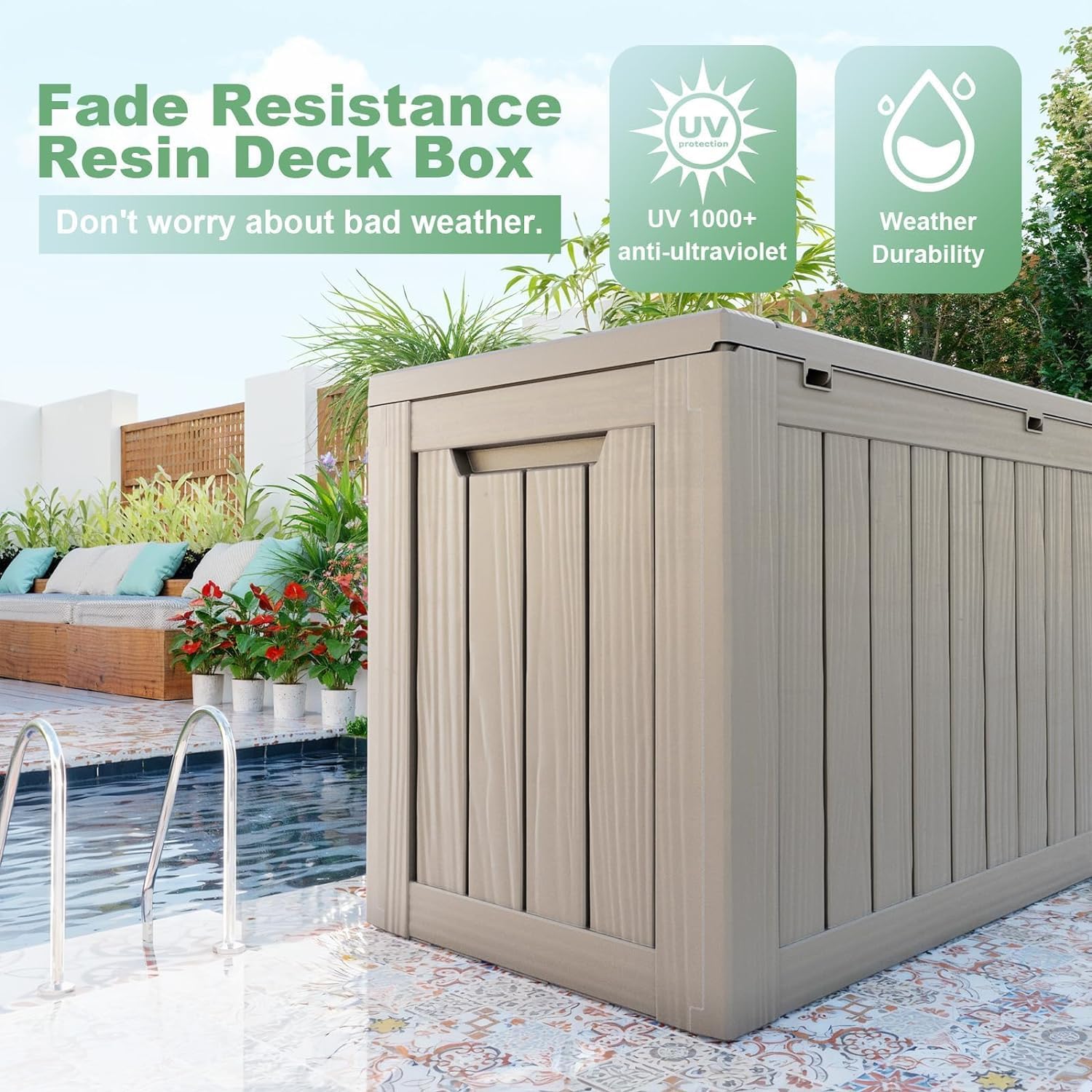 EasyUp 80 Gallon Outdoor Storage Box Waterproof, UV Resistant Resin Deck Box with Hydraulic Rod, Lockable Design and Enhanced Durability for Patio, Garden, and Poolside Use