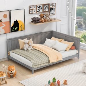 full size daybed, wood full low bed frame with headboard and sideboard, wooden floor sofa bed with slats support for kids room, bedroom, living room, gray