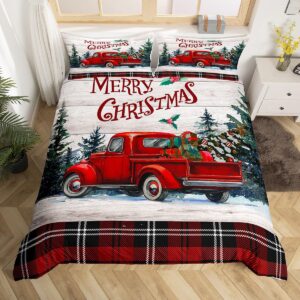 merry christmas duvet cover set twin size,vintage xmas truck comforter cover red black checkered bedding set 2pcs for kids girls boys bedroom decor,rustic farmhouse wood quilt cover,1 pillowcase