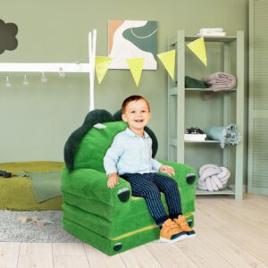 Foldable Kids Couch Toddler Backrest Armchair 2 In 1 Flip Open Sofa Bed for Chidren, Cartoon Comfy Soft Kids Chair, Steady Lightweight Toddlers Sofa Bed for Bedroom Livingroom Playroom Dinosaurs