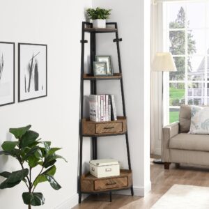 lifesky industrial corner ladder shelf - 72.64 inch tall corner shelves with drawers - 4-tier corner bookshelf for living room black