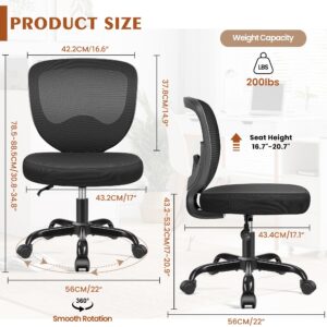 Razzor Office Chair, Comfy Desk Chair for Bedroom, Swivel Computer Desk Chair with Rolling Wheels, Armless Office Chair with Mesh Back Support, Adjustable Height Computer Chair for Home, Black