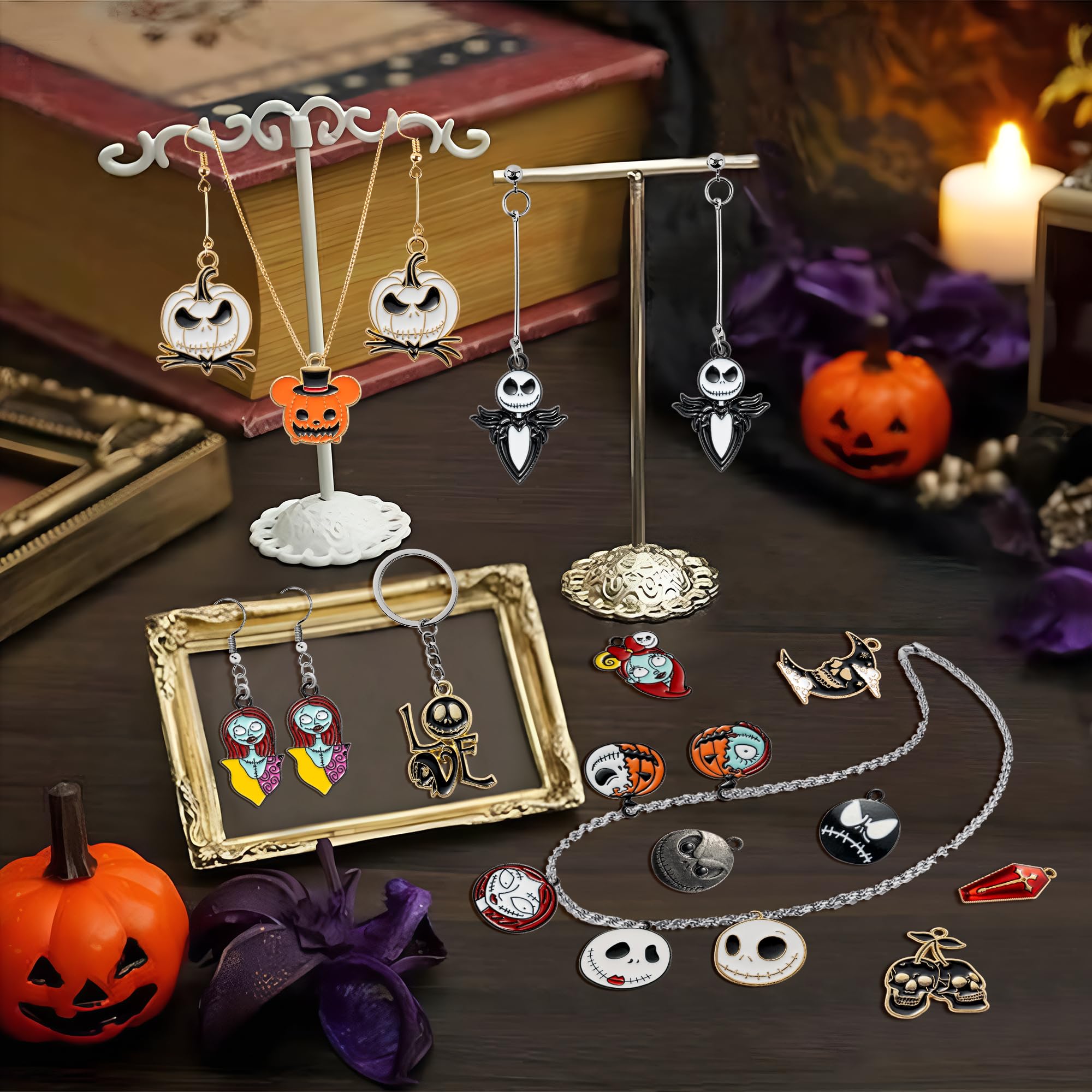 7ilaewen 32Pcs Jack and Sally Christmas Charms Pendants, Horror Enamel Charm Pumpkin Ghost Alloy Charms Halloween Scary Earring Necklace Bracelet Charms for Jewelry Making DIY Crafts Xmas Gifts