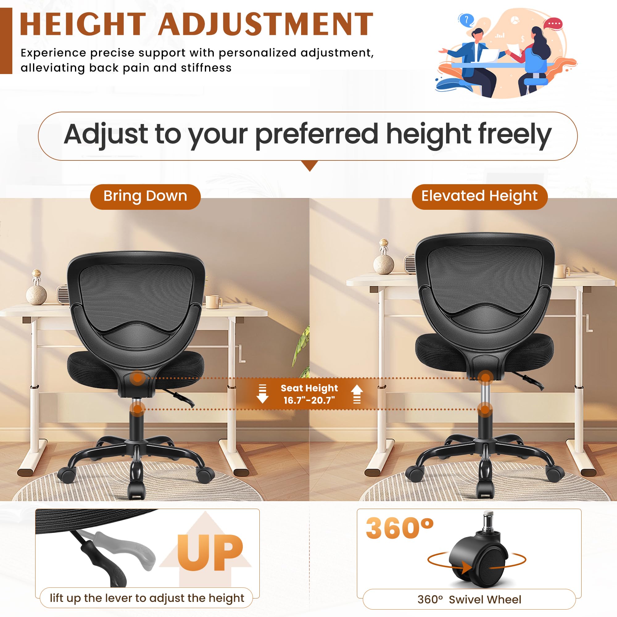 Razzor Office Chair, Comfy Desk Chair for Bedroom, Swivel Computer Desk Chair with Rolling Wheels, Armless Office Chair with Mesh Back Support, Adjustable Height Computer Chair for Home, Black