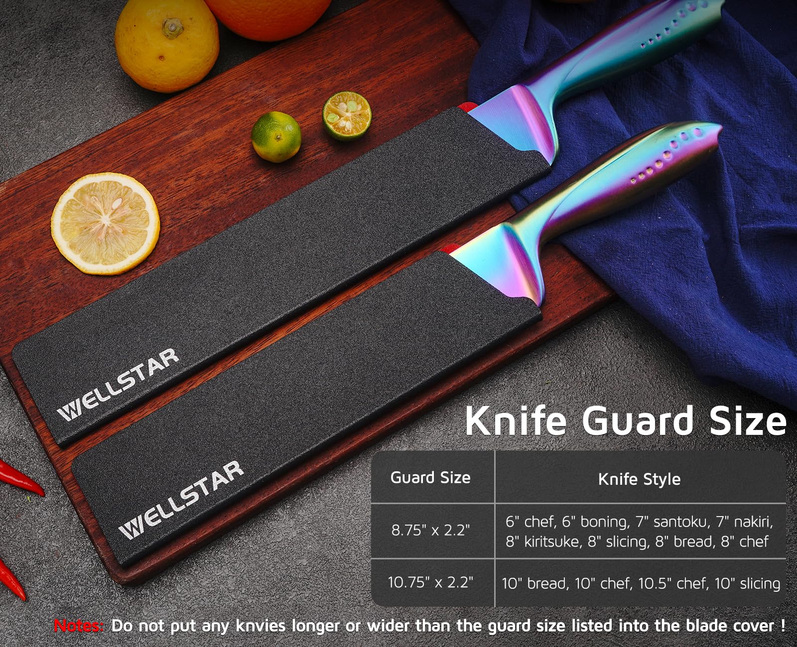 WELLSTAR Knife Edge Guards Set, 2 Piece Universal Blade Covers, BPA Free ABS Protective Blade Sheaths, Non-Scratch Felt Lining Kitchen Knives Covers (Knives not included)