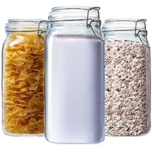 homartist square glass jars with airtight lid set of 3, 78 floz wide mouth mason jars with clamp lids,glass sealed jars with air tight lids for flour & sugar, pasta storage