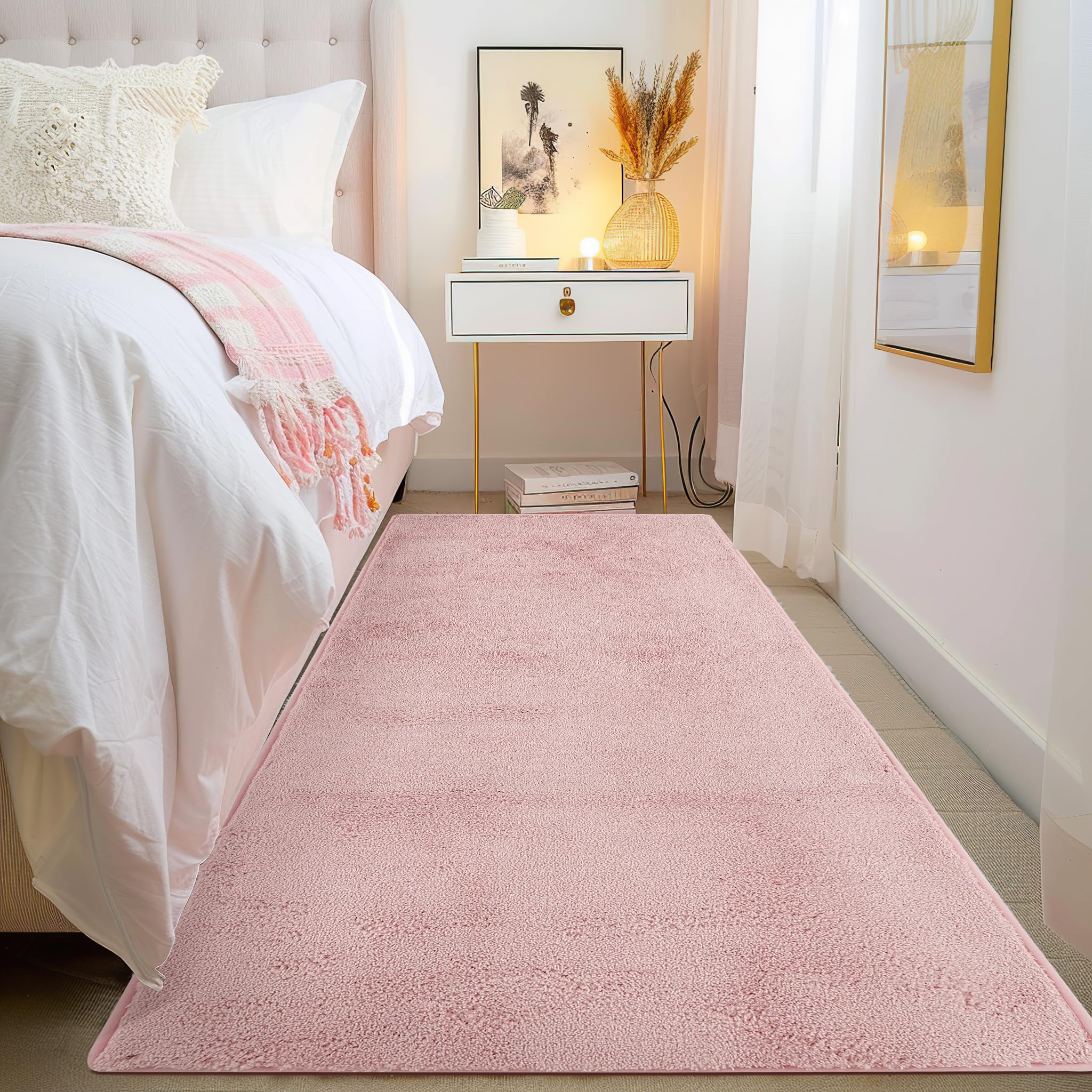 jinchan Solid Plush Runner Rug 2x5 Performance Shaggy Rug Washable Rug Hallway Rug Soft Rug Modern Faux Faux Wool Rug Cozy Non Slip Carpet for Bedroom Laundry Room Living Room Kids Nursery Pink