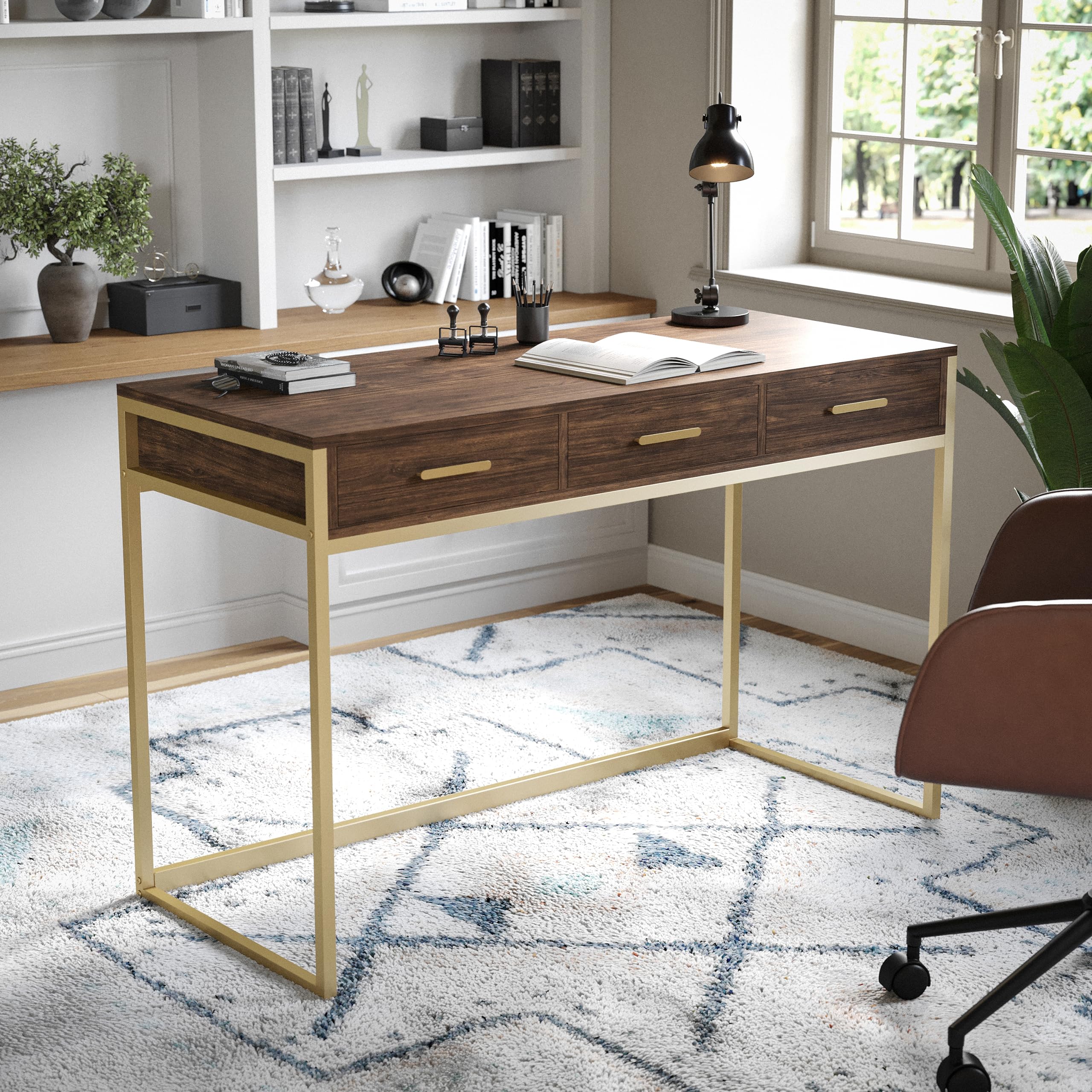 Martha Stewart Ollie Home Office Desk with 3 Drawers in Walnut Wood Grain with Polished Brass Hardware