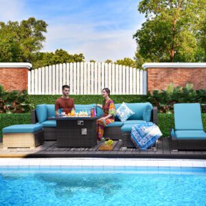 RADIATA PE Wicker Patio Furniture Set Sectional High Back Large Size Sofa Sets with Propane Fire Pit Table 55000 BTU Balcony Rattan Lounge Conversation Sets for Outdoor (11 Pieces,Sky Blue)