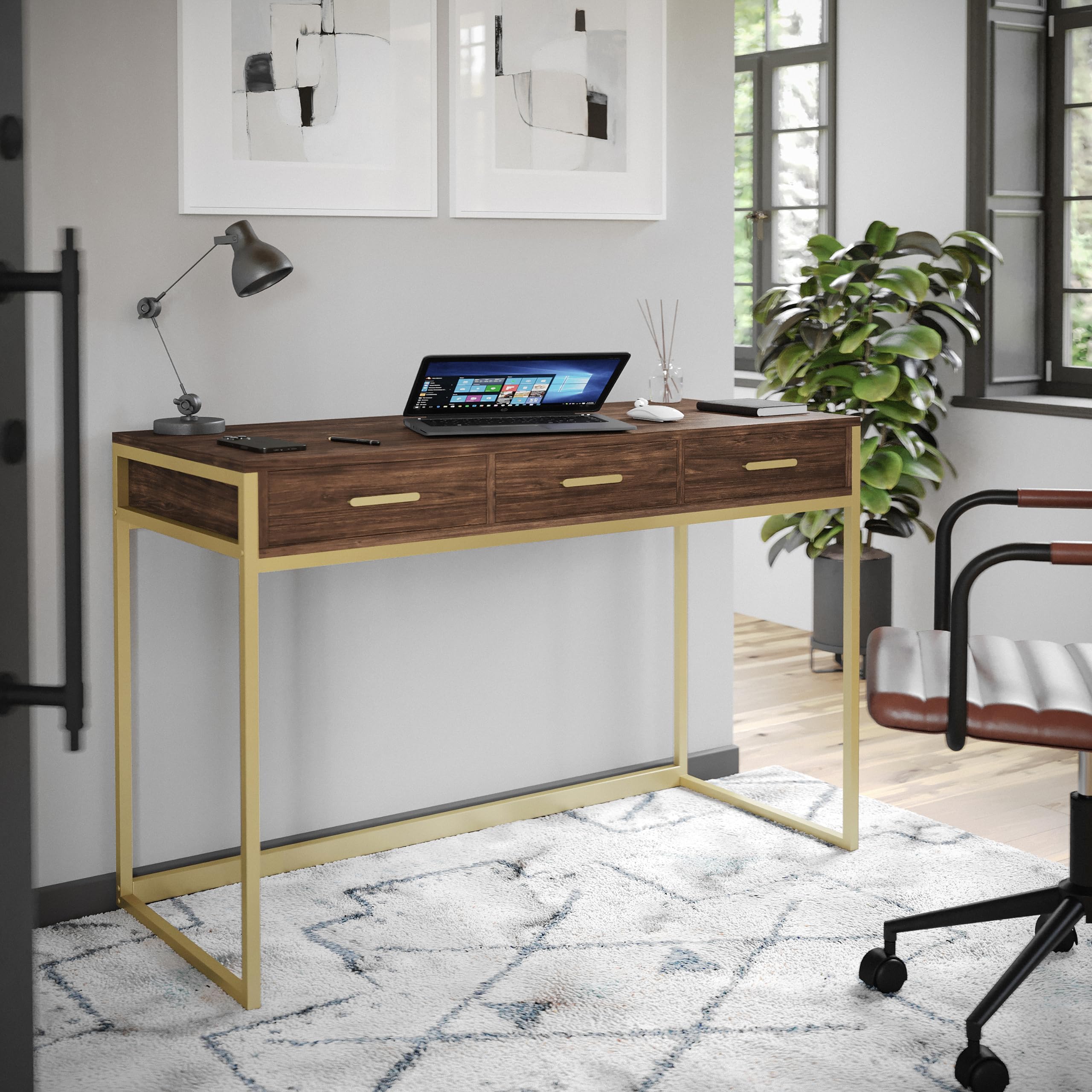 Martha Stewart Ollie Home Office Desk with 3 Drawers in Walnut Wood Grain with Polished Brass Hardware