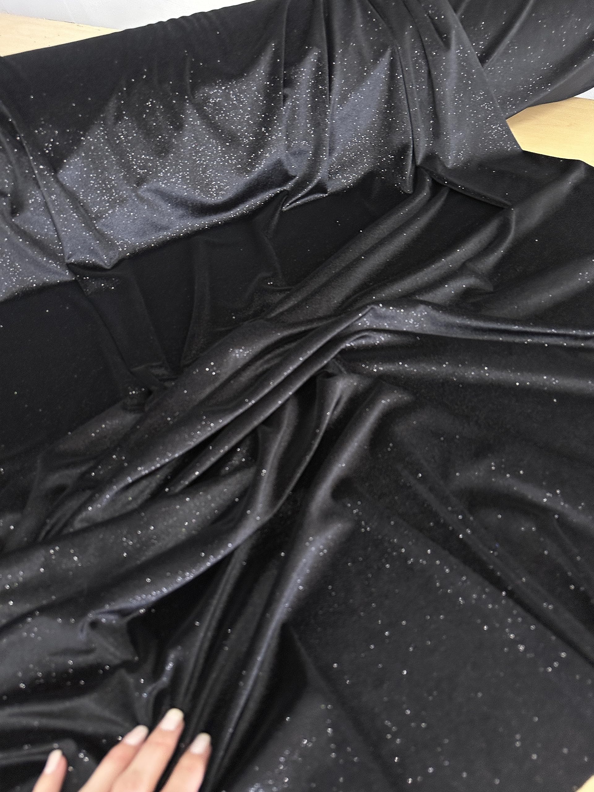 Glitter Velvet Fabric Soft Stretchy Cloth with Shimmers - Perfect for Dressmaking Costumes Upholstery and Christmas Decor 1 Yard of Spandex Fabric for Sewing and Crafts (Black)