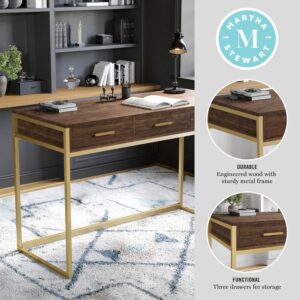 Martha Stewart Ollie Home Office Desk with 3 Drawers in Walnut Wood Grain with Polished Brass Hardware