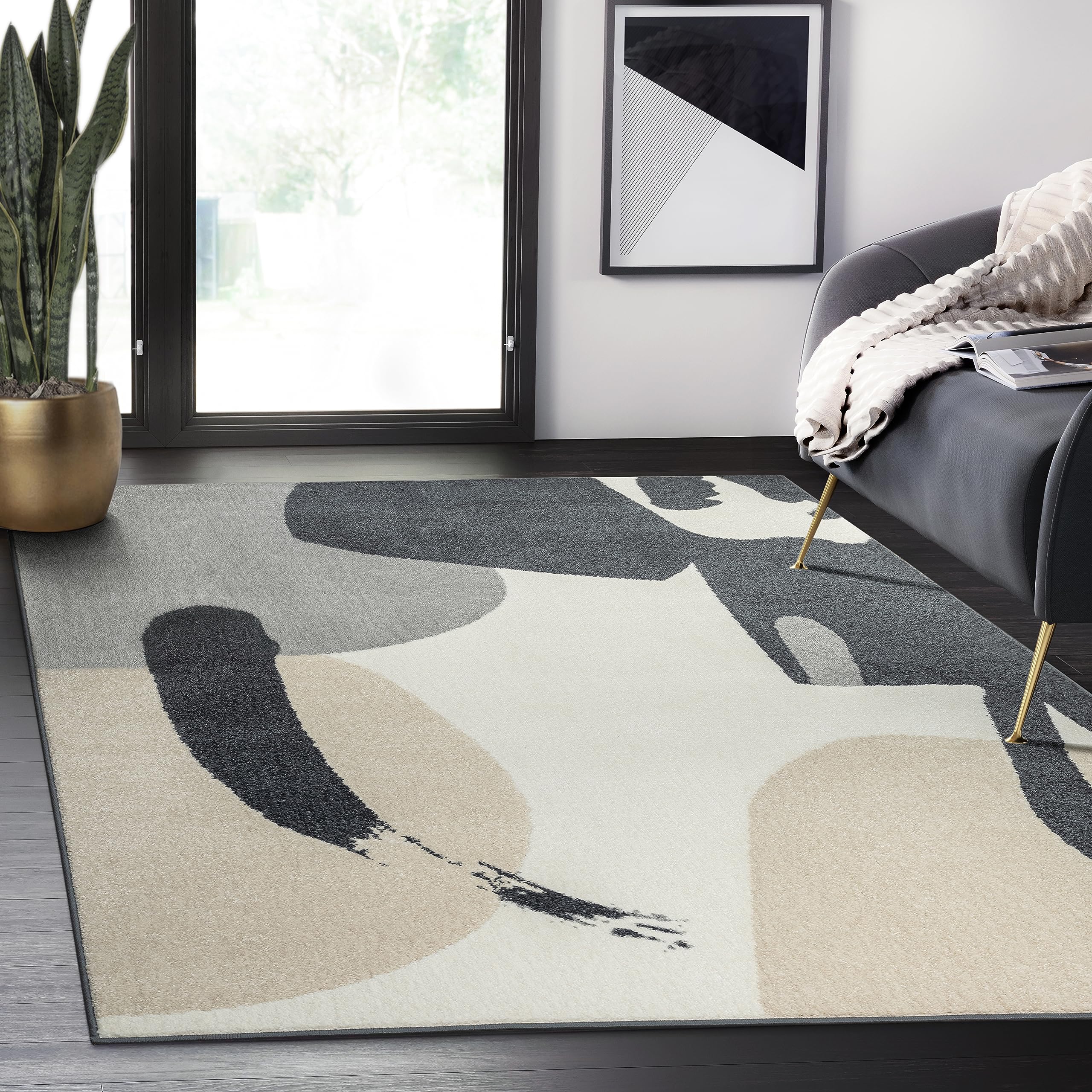 Abani Nuevo Collection Area Rug -Modern Ivory/Grey Artsy Design -7'9" x 10'2" - Easy to Clean - Durable for Kids and Pets - Non-Shedding - Medium Pile - Soft Feel - for Living Room, Bedroom & Office