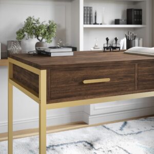 Martha Stewart Ollie Home Office Desk with 3 Drawers in Walnut Wood Grain with Polished Brass Hardware