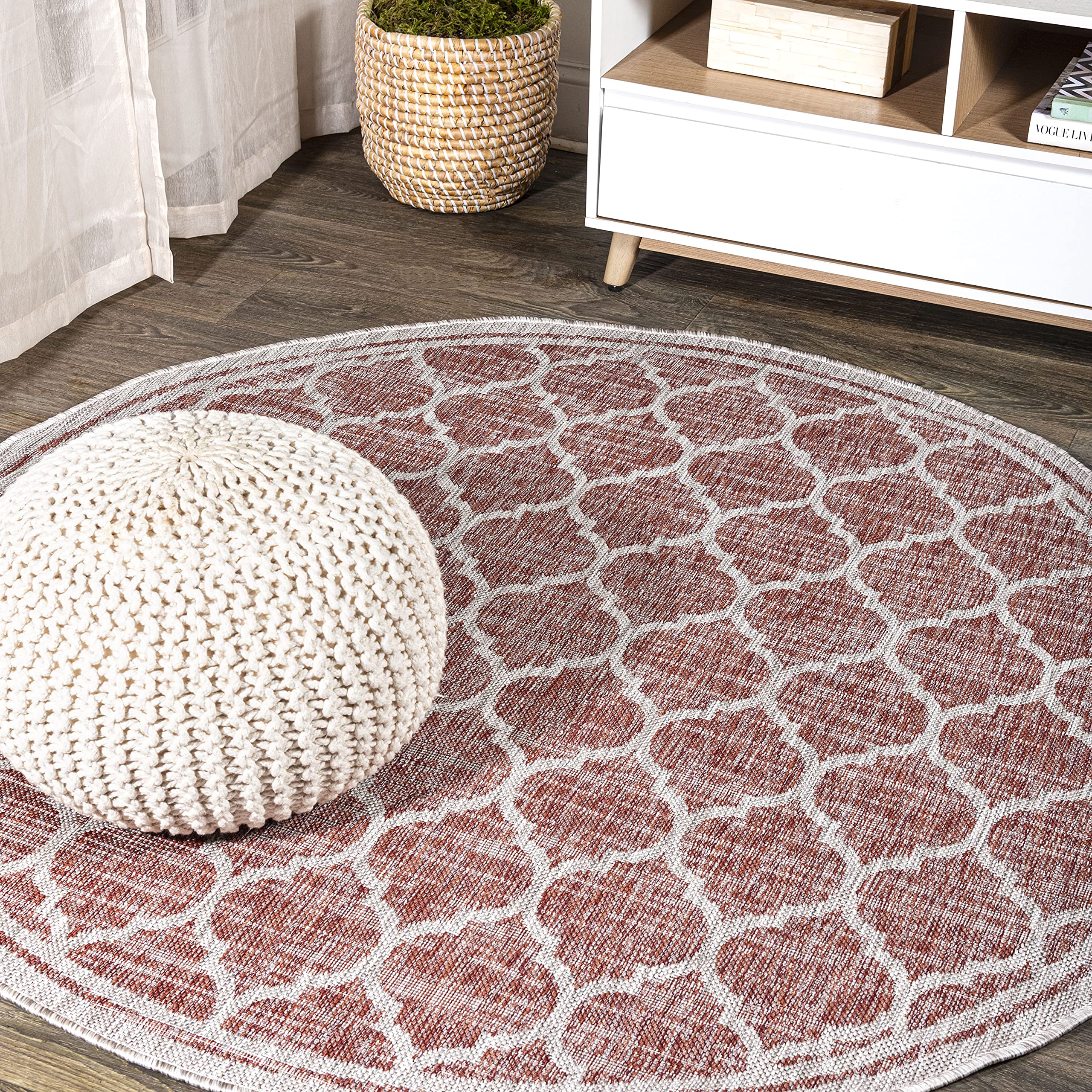 JONATHAN Y SMB109C-9R Trebol Moroccan Trellis Textured Weave Indoor/Outdoor Area Rug, Modern, Bohemian, Contemporary for Bedroom, Kitchen, Living Room, Easy-Cleaning, Red/Beige, 9' Round