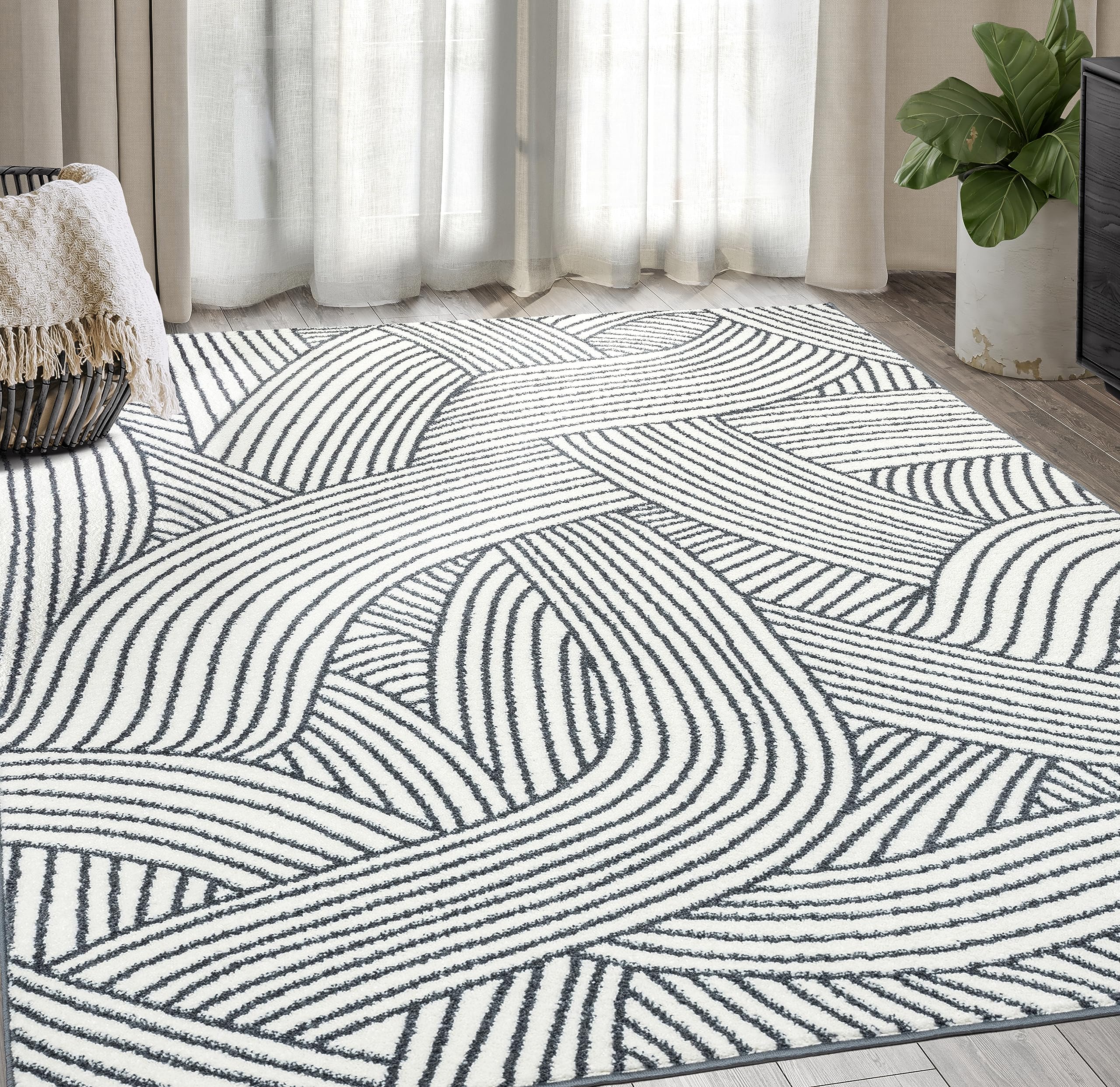 Abani Nuevo Collection Area Rug -Cream/Charcoal Modern Lined Design -7'9" x 10'2" - Easy to Clean - Durable for Kids and Pets - Non-Shedding - Medium Pile - Soft Feel for Living Room, Bedroom & Office