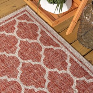 JONATHAN Y SMB109C-9R Trebol Moroccan Trellis Textured Weave Indoor/Outdoor Area Rug, Modern, Bohemian, Contemporary for Bedroom, Kitchen, Living Room, Easy-Cleaning, Red/Beige, 9' Round