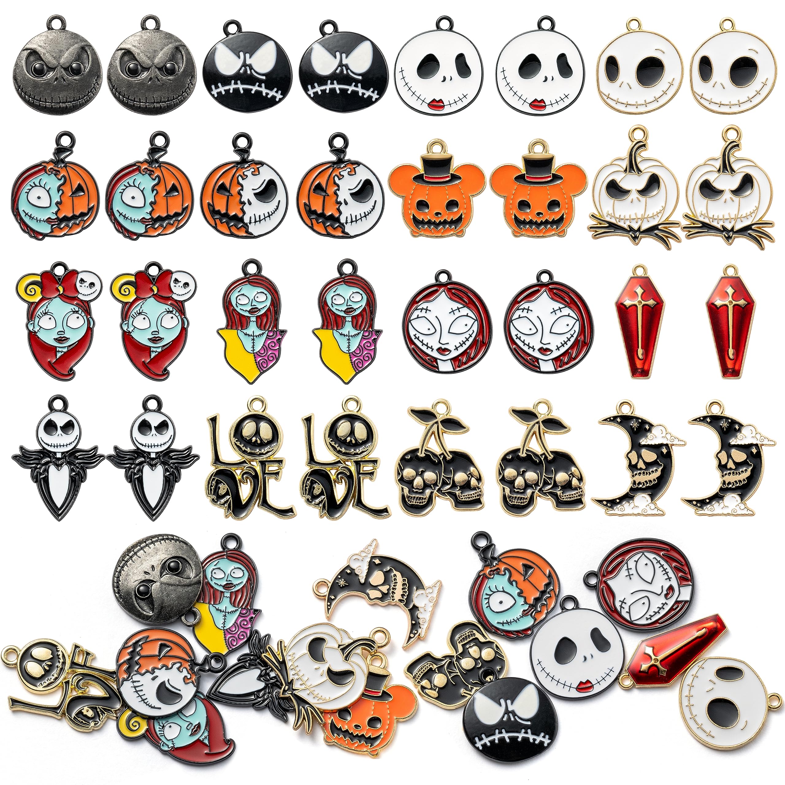 7ilaewen 32Pcs Jack and Sally Christmas Charms Pendants, Horror Enamel Charm Pumpkin Ghost Alloy Charms Halloween Scary Earring Necklace Bracelet Charms for Jewelry Making DIY Crafts Xmas Gifts