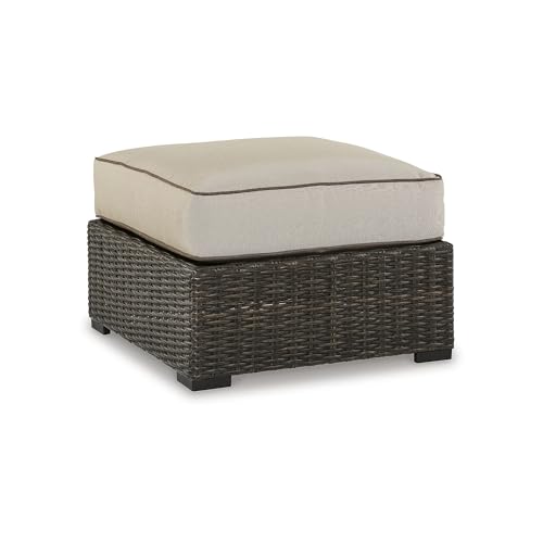 Signature Design by Ashley Coastline Bay Outdoor Patio All-Weather Resin Wicker Ottoman with Cushion, Beige & Dark Brown