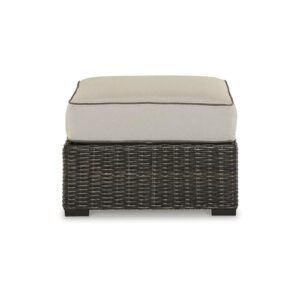 Signature Design by Ashley Coastline Bay Outdoor Patio All-Weather Resin Wicker Ottoman with Cushion, Beige & Dark Brown