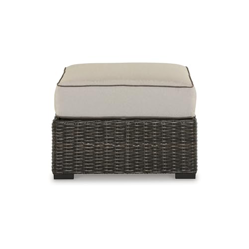 Signature Design by Ashley Coastline Bay Outdoor Patio All-Weather Resin Wicker Ottoman with Cushion, Beige & Dark Brown