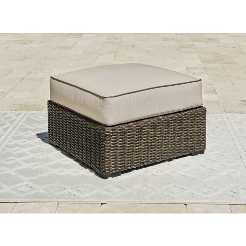 Signature Design by Ashley Coastline Bay Outdoor Patio All-Weather Resin Wicker Ottoman with Cushion, Beige & Dark Brown