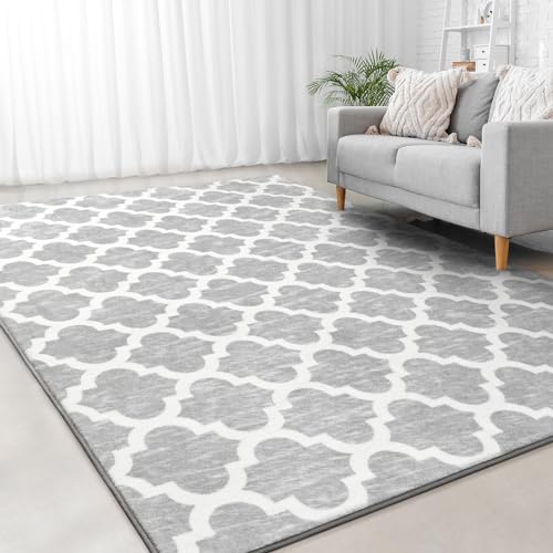 Jelymark Shag Moroccan Area Rug for Living Room, 4x6 Feet Modern Geometric Rug, Fluffy Distressed Faux Wool Floor Carpet, Memory Foam Rug for Bedroom Nursery Kids Room Home Decor, Light Grey/White