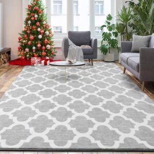 Jelymark Shag Moroccan Area Rug for Living Room, 4x6 Feet Modern Geometric Rug, Fluffy Distressed Faux Wool Floor Carpet, Memory Foam Rug for Bedroom Nursery Kids Room Home Decor, Light Grey/White