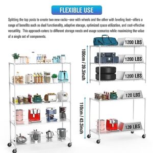 5 Tier NSF Wire Shelf Shelving Unit, 24 x 48 x 82 Inch 6000lbs Capacity Heavy Duty Adjustable Storage Metal Rack with Wheels/Leveling Feet & Shelf Liners, Ideal for Garage, Kitchen, and More - White