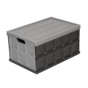 glad collapsible storage bin with lid - 48l foldable plastic box for garage, car trunk, and organization - stackable lidded container with handles, grey