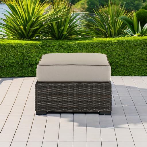 Signature Design by Ashley Coastline Bay Outdoor Patio All-Weather Resin Wicker Ottoman with Cushion, Beige & Dark Brown