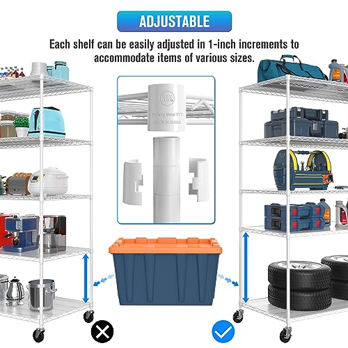 5 Tier NSF Wire Shelf Shelving Unit, 24 x 48 x 82 Inch 6000lbs Capacity Heavy Duty Adjustable Storage Metal Rack with Wheels/Leveling Feet & Shelf Liners, Ideal for Garage, Kitchen, and More - White
