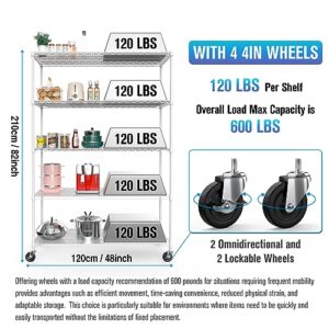 5 Tier NSF Wire Shelf Shelving Unit, 24 x 48 x 82 Inch 6000lbs Capacity Heavy Duty Adjustable Storage Metal Rack with Wheels/Leveling Feet & Shelf Liners, Ideal for Garage, Kitchen, and More - White