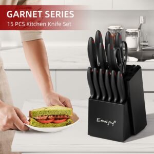 Emojoy 15Pcs Kitchen Knife Set with Block and Built-in Sharpener, Stainless Steel Knife Block Set, Dishwasher Safe, Black