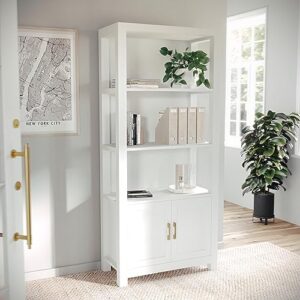 martha stewart hutton four tier shaker bookcase with storage cabinet in white with polished brass hardware