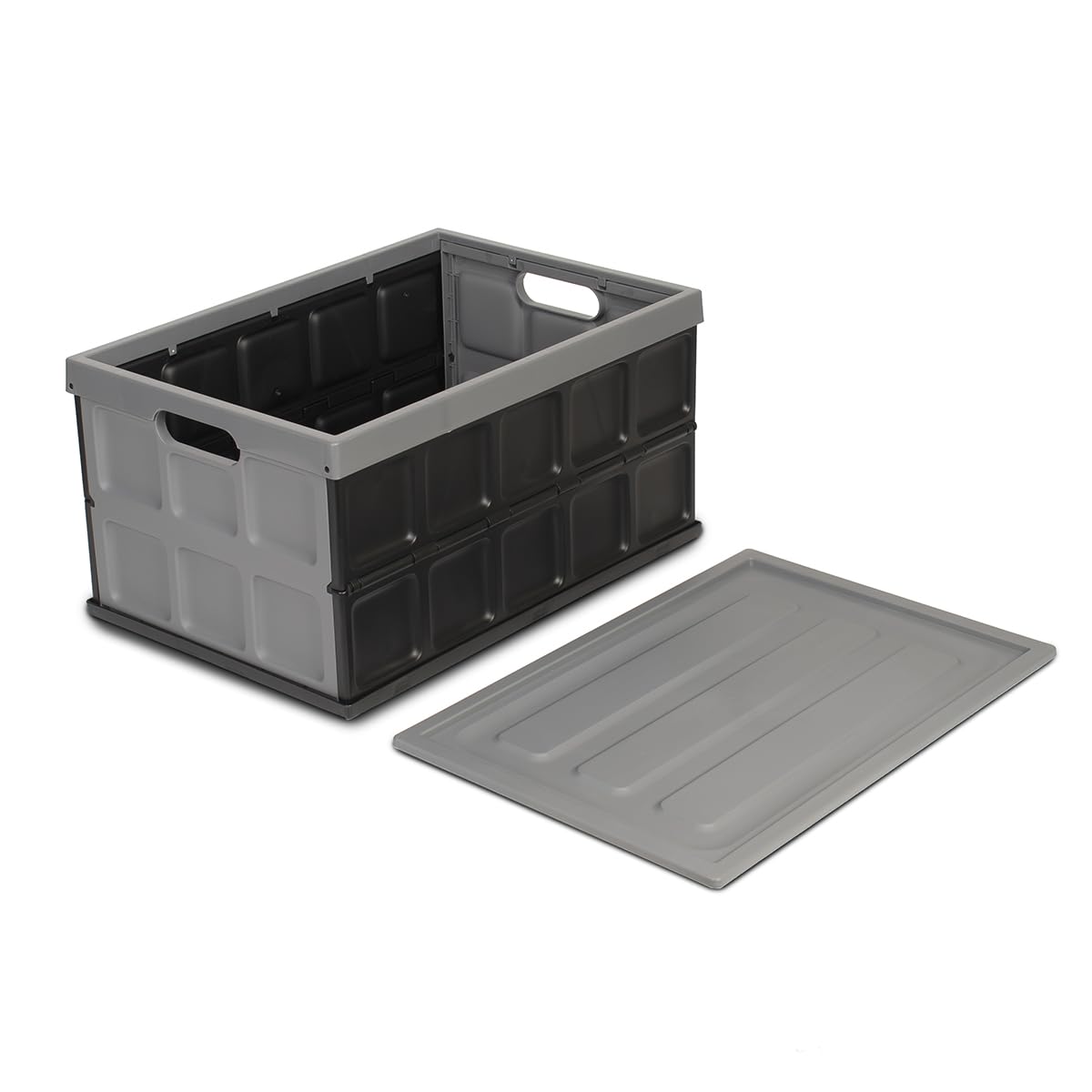 Glad Collapsible Storage Bin with Lid - 48L Foldable Plastic Box for Garage, Car Trunk, and Organization - Stackable Lidded Container with Handles, Grey